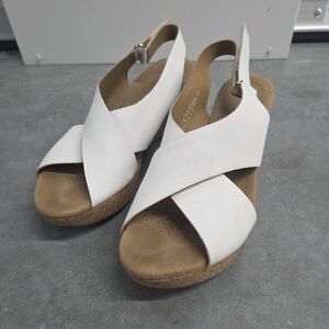 Clarks White Leather Crisscross Slingback Wedge Sandals